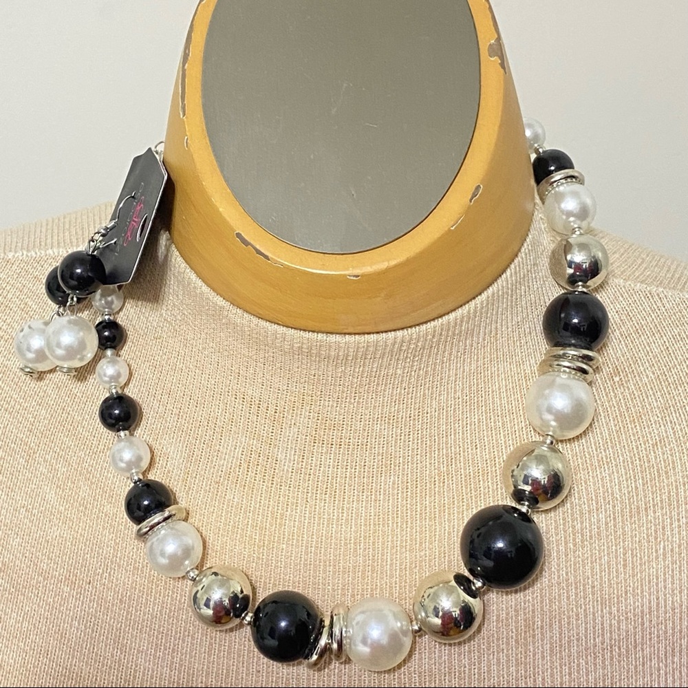 Paparazzi Silver Toned  Faux Pearl and Black Beaded Necklace